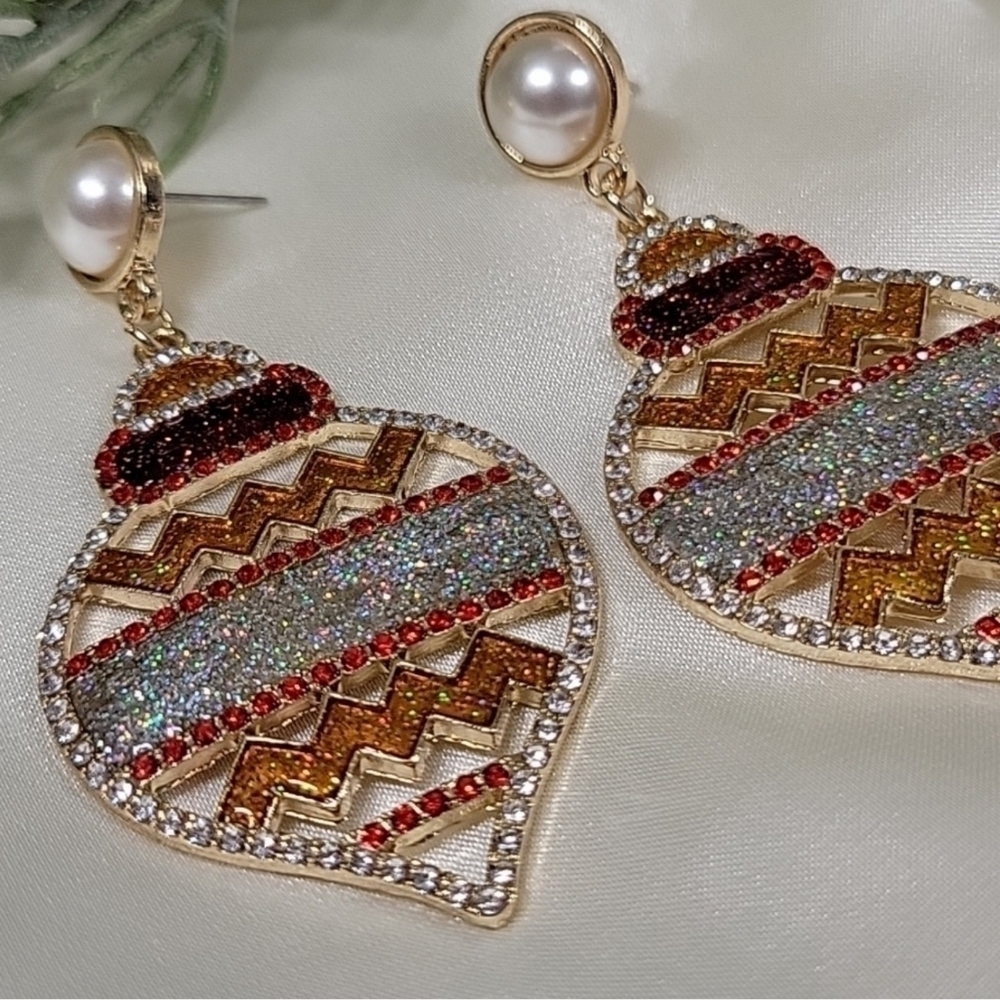 Red Gold Pearl Glitter Christmas Tree Ornament Festive Earrings New!